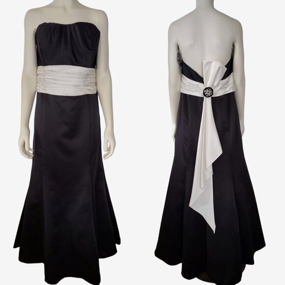 David's Bridal Black Ivory Satin Strapless Back Bow Trumpet Hem Gown 16 - Picture 1 of 16